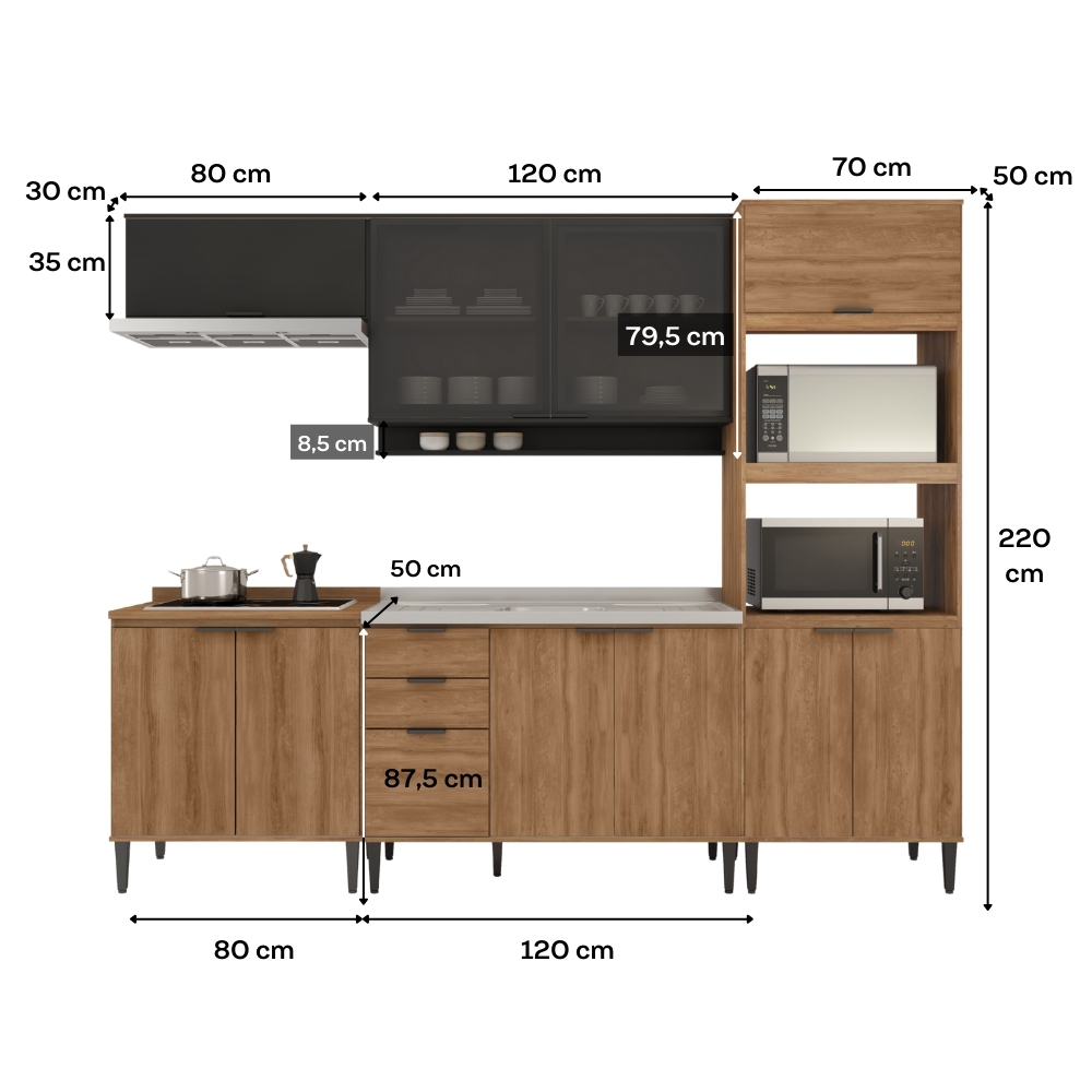 Armário de Cozinha Completa c Balcão Miami Studio Carraro Preto c Freijó