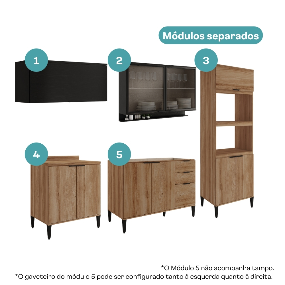 Armário de Cozinha Completa c Balcão Miami Studio Carraro Preto c Freijó
