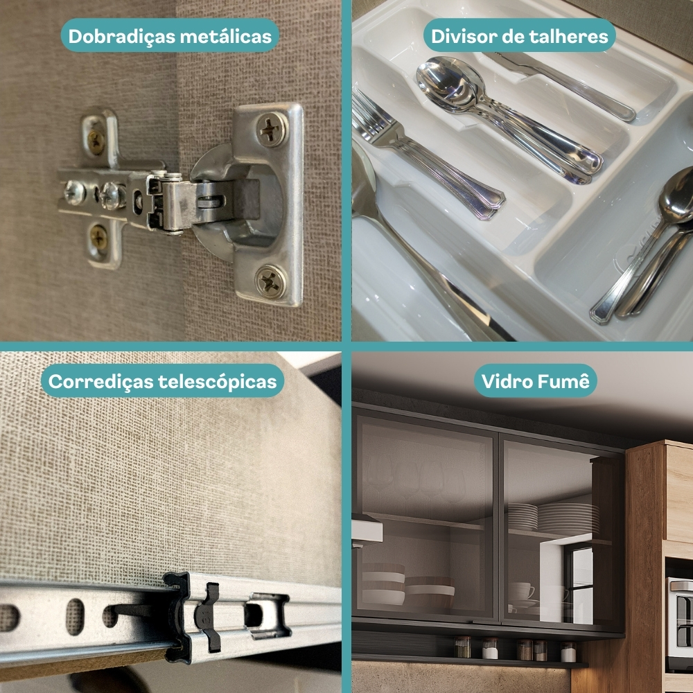 Armário de Cozinha Completa c Balcão Miami Studio Carraro Preto c Freijó