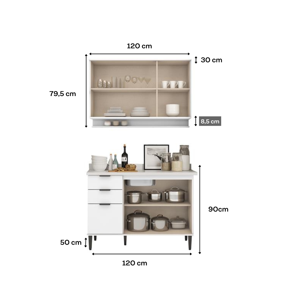 Armário de Cozinha Completa c Balcão Miami Vibe Carraro Branco