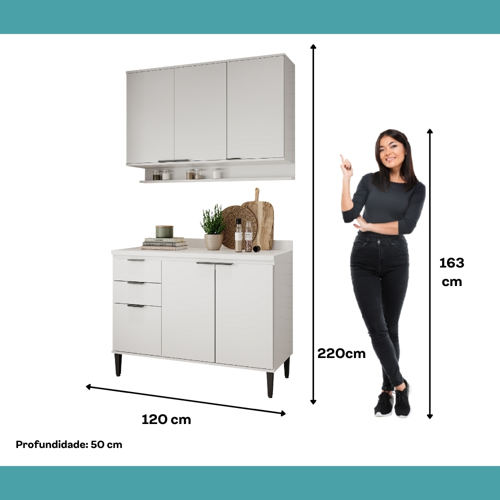 Armário de Cozinha Completa c Balcão Miami Vibe Carraro Branco