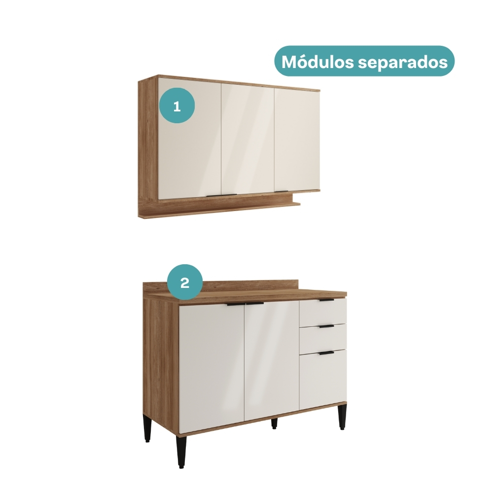 Armário de Cozinha Completa c Balcão Miami Vibe Carraro Off White c Freijó