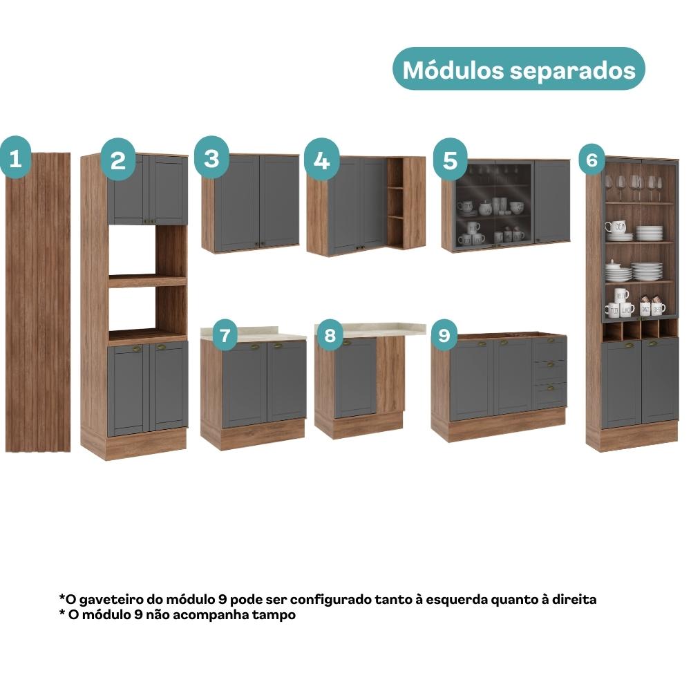 Armário de Cozinha Completa c Balcão Milla Aura Carraro Nogal Cinza Titânio
