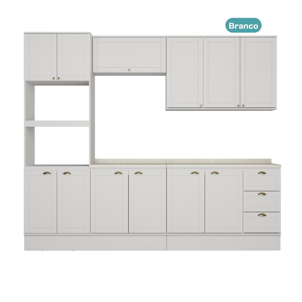 Armário de Cozinha Completa c Balcão Milla Bloom Carraro Branco