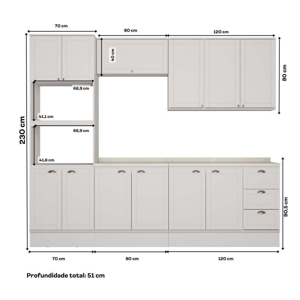 Armário de Cozinha Completa c Balcão Milla Bloom Carraro Branco