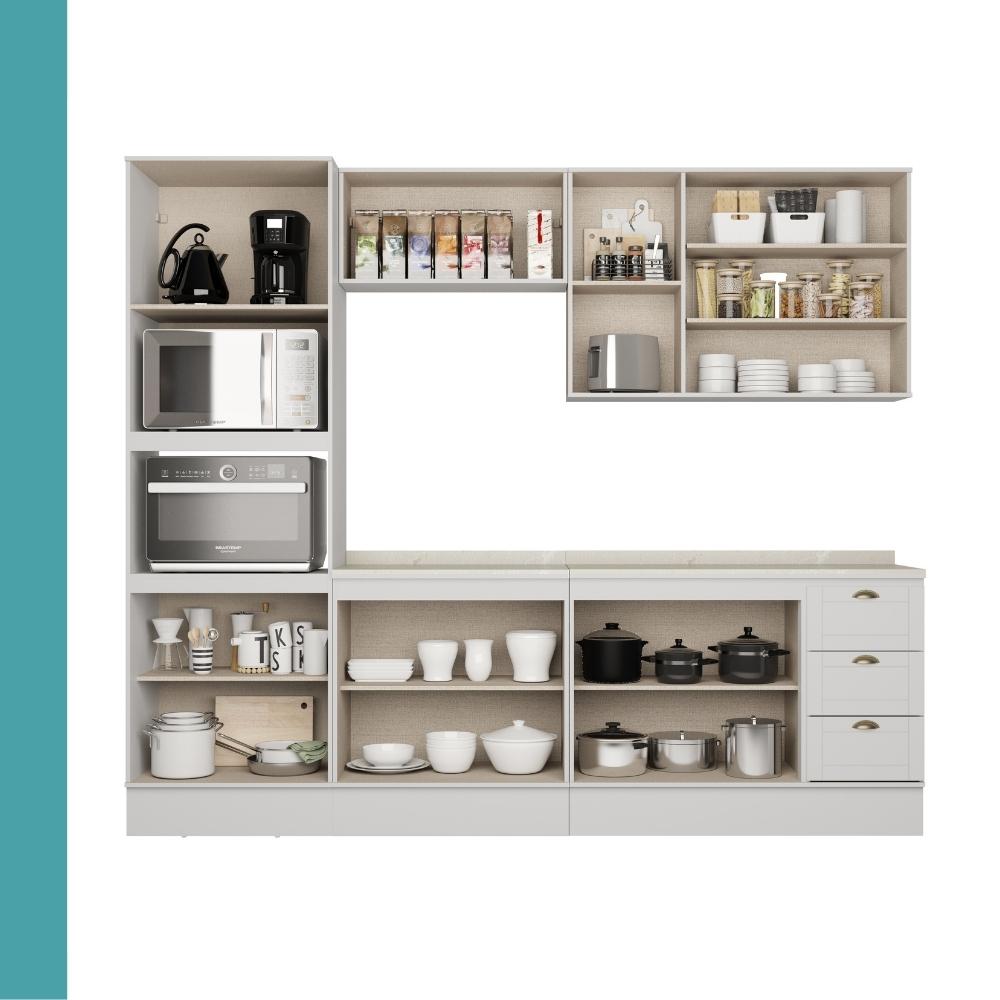 Armário de Cozinha Completa c Balcão Milla Bloom Carraro Branco