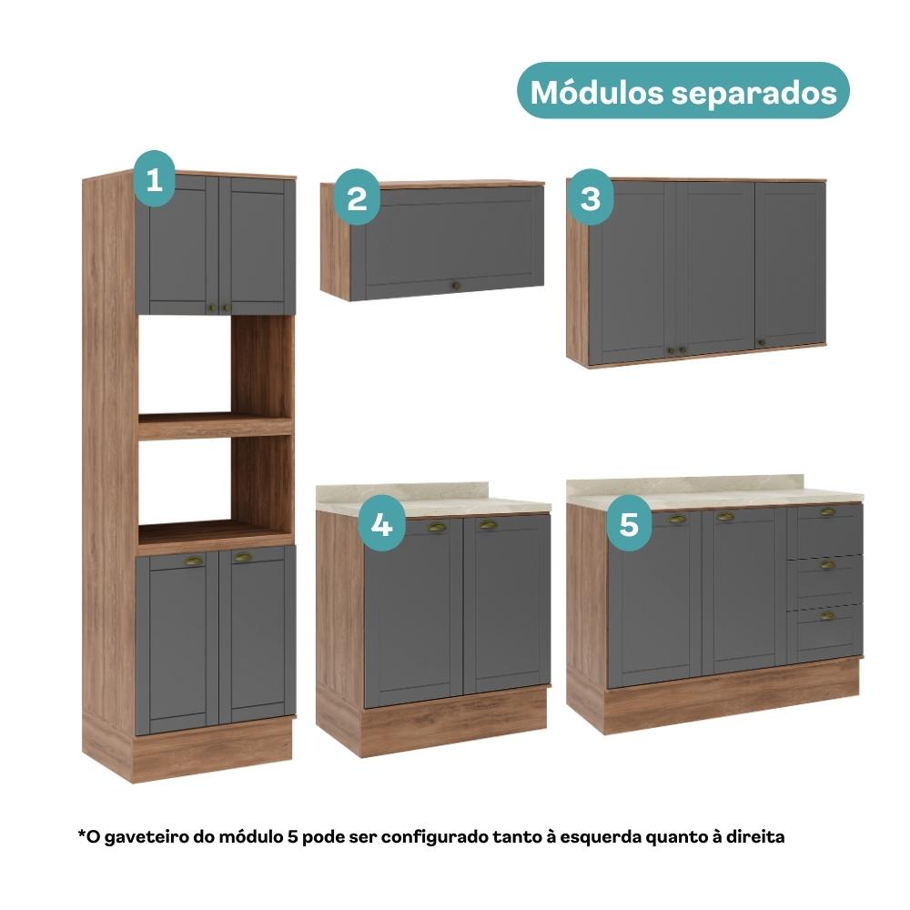 Armário de Cozinha Completa c Balcão Milla Bloom Carraro Nogal Cinza Titânio