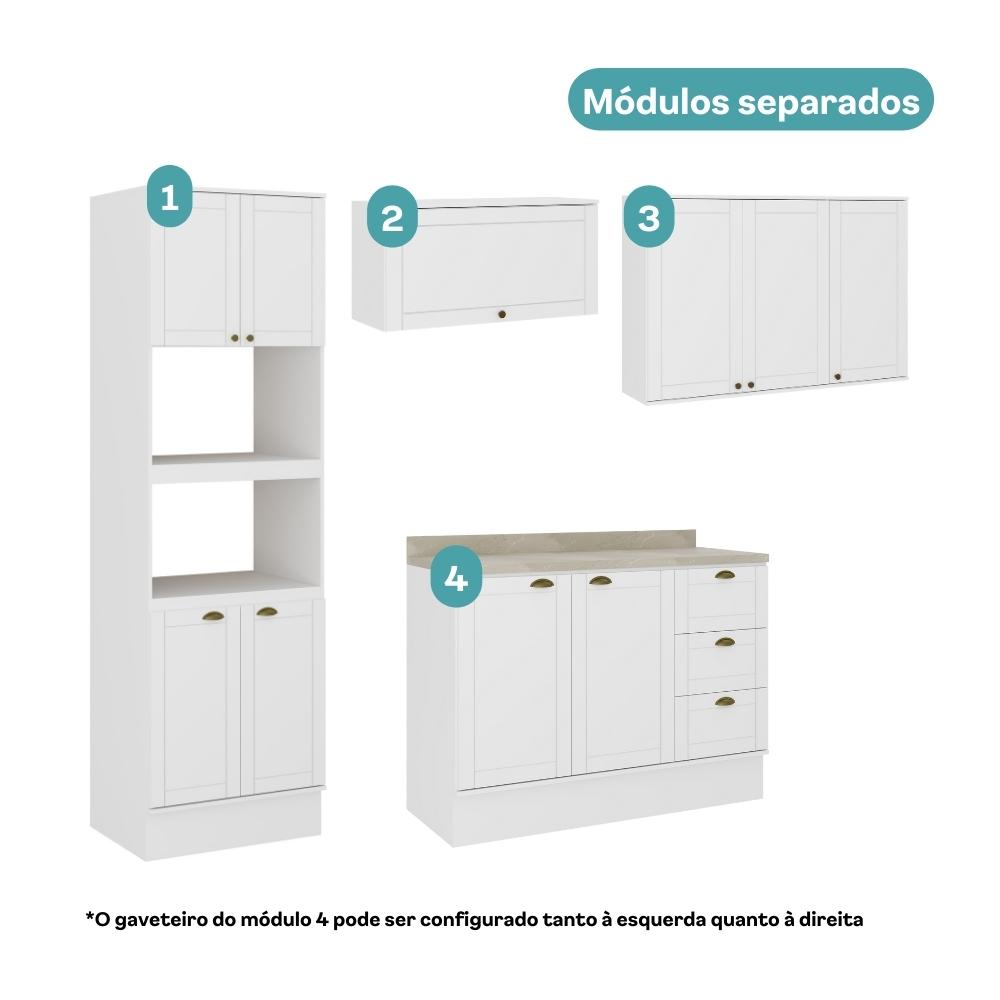Armário de Cozinha Completa c Balcão Milla Charm Carraro Branco