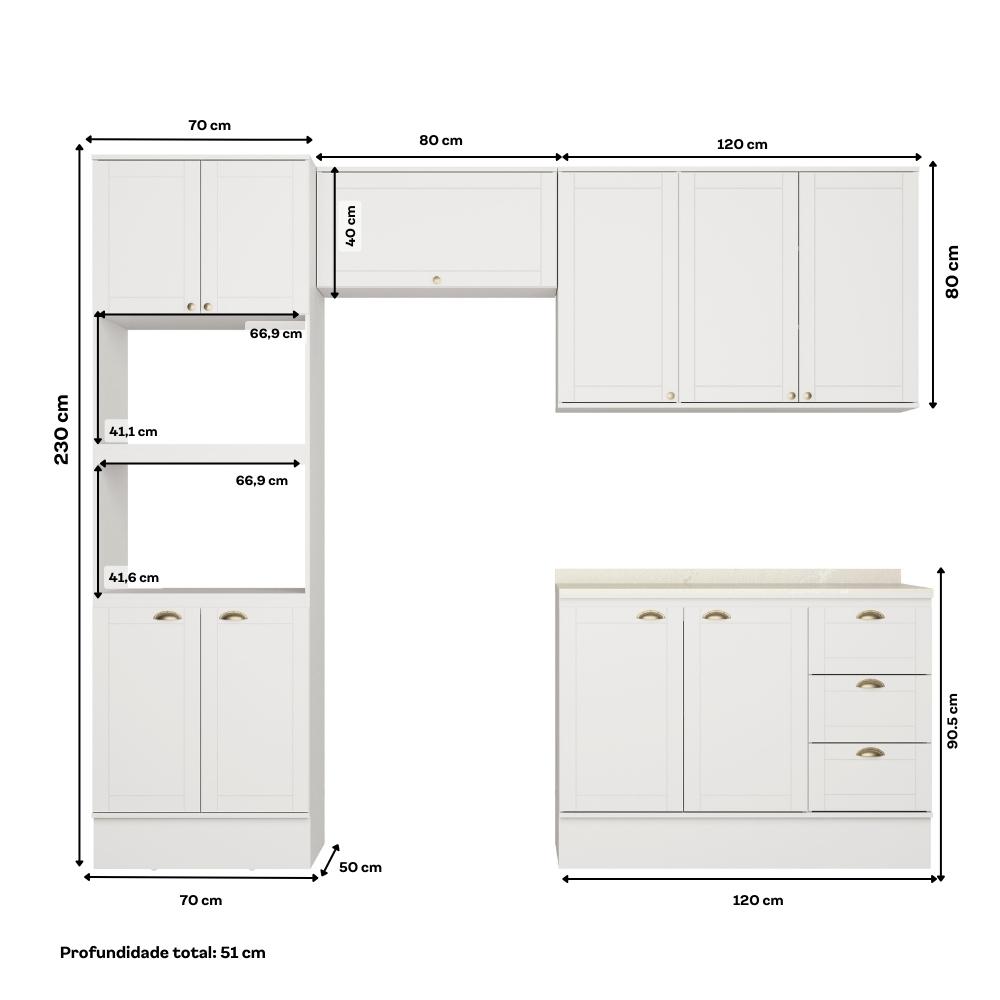 Armário de Cozinha Completa c Balcão Milla Charm Carraro Branco