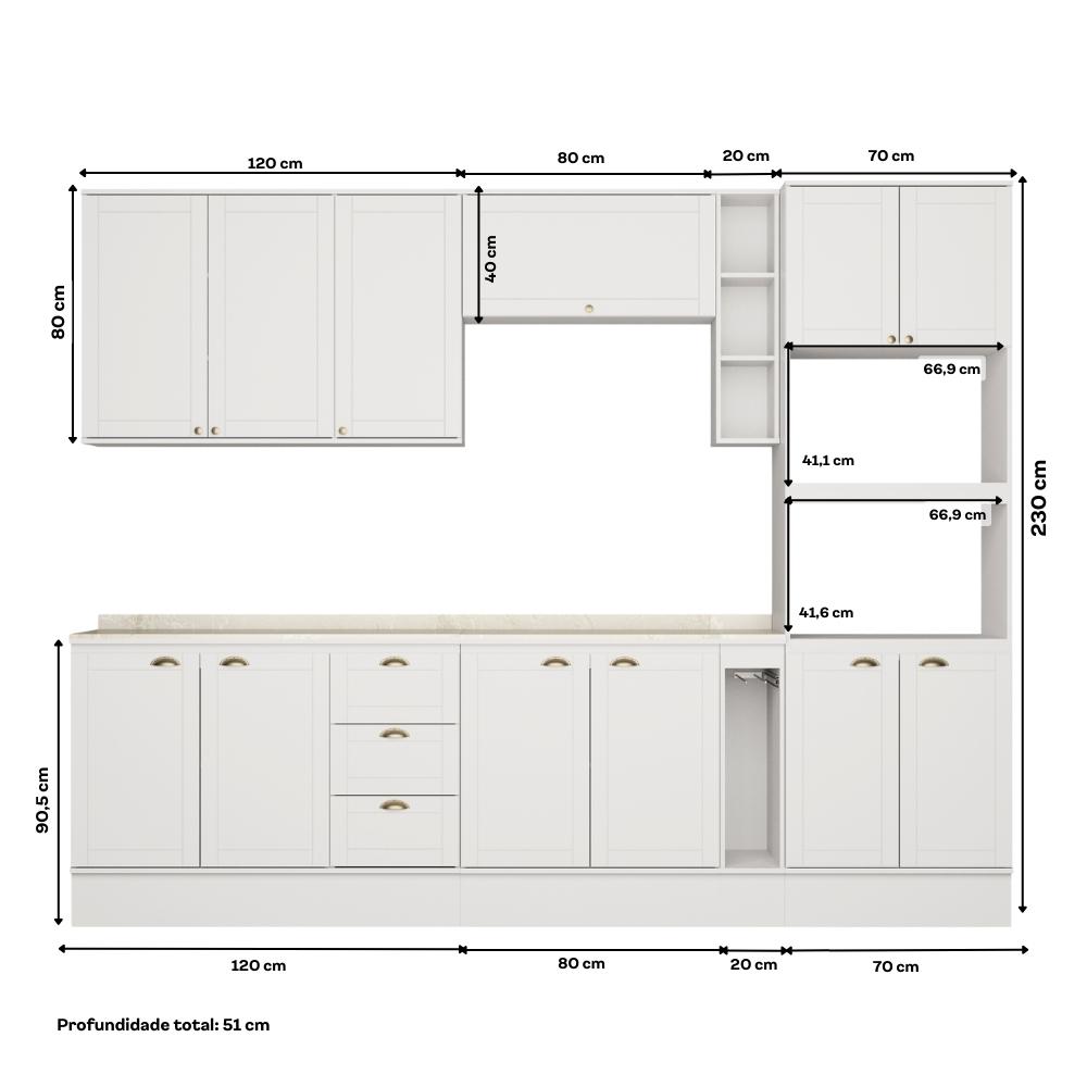 Armário de Cozinha Completa c Balcão Milla Dreamer Carraro Branco
