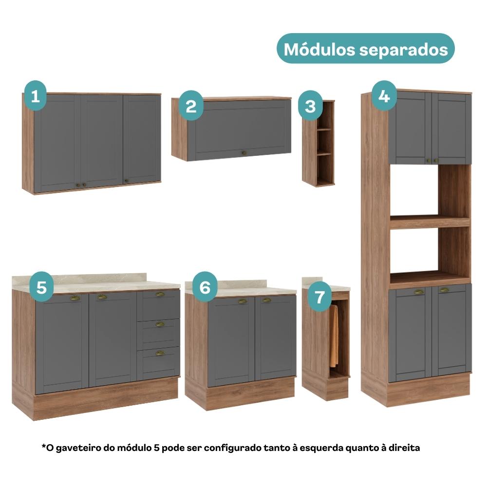 Armário de Cozinha Completa c Balcão Milla Dreamer Carraro Nogal Cinza Titânio