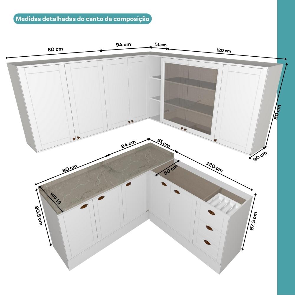 Armário de Cozinha Completa c Balcão Milla Dusk Carraro Branco