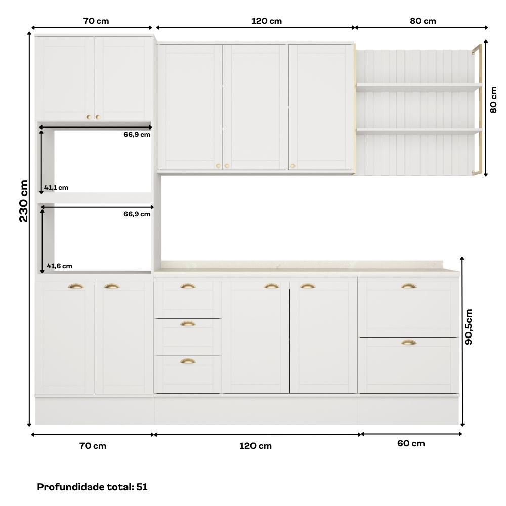 Armário de Cozinha Completa c Balcão Milla Glimmer Carraro Branco