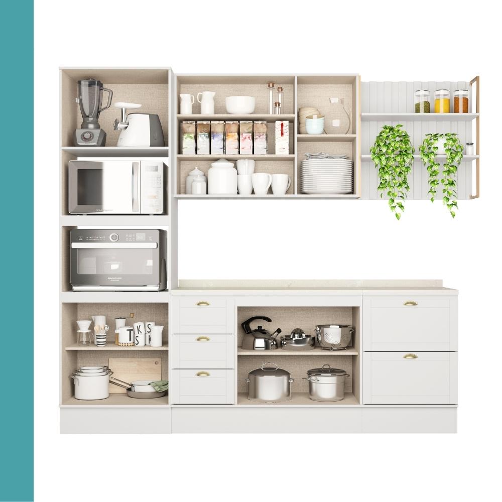 Armário de Cozinha Completa c Balcão Milla Glimmer Carraro Branco