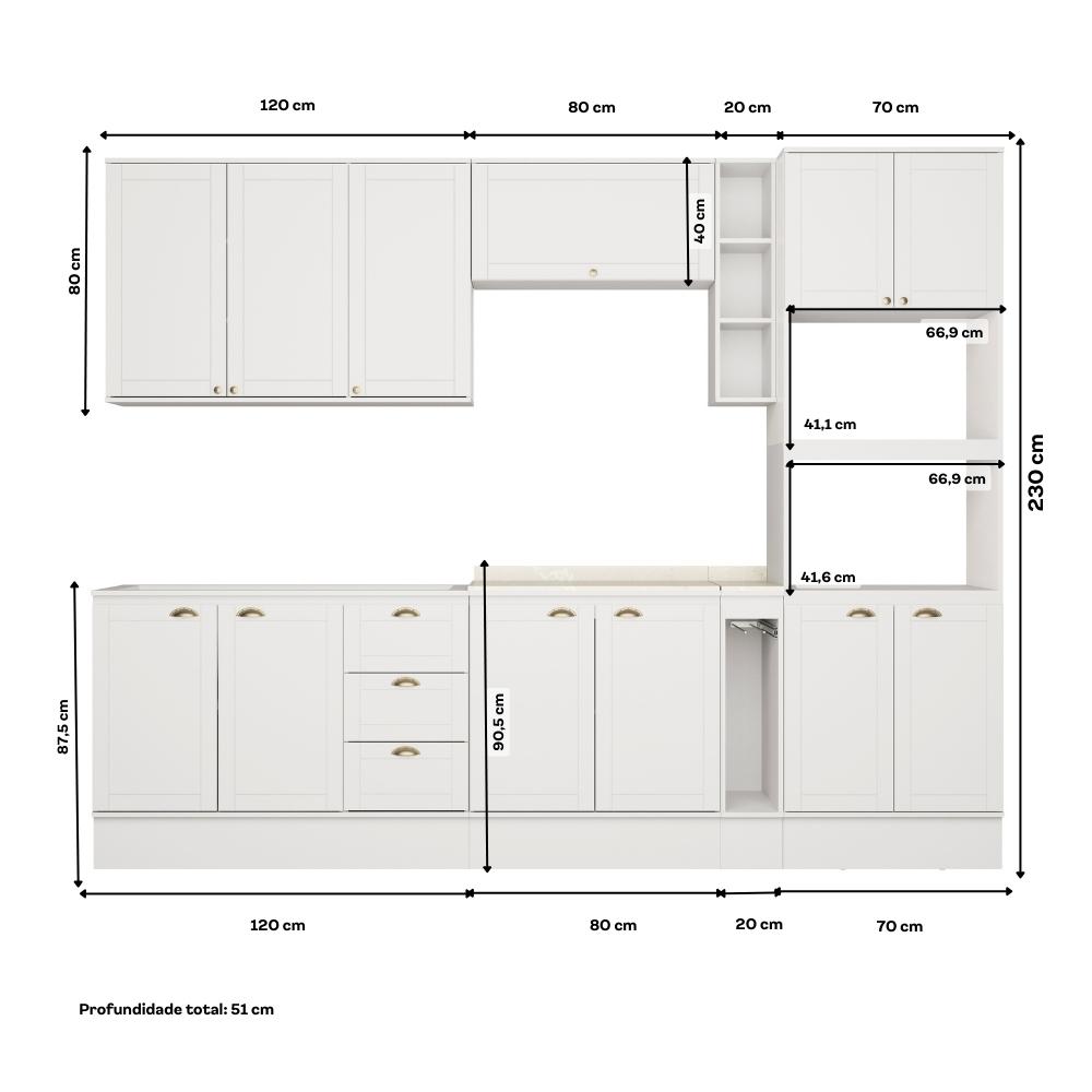 Armário de Cozinha Completa c Balcão Milla Quest Carraro Branco