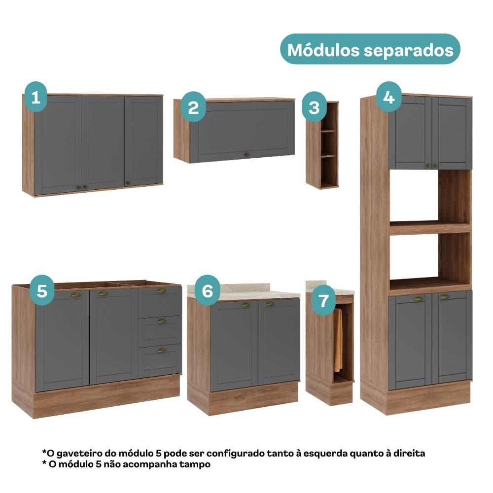 Armário de Cozinha Completa c Balcão Milla Quest Carraro Nogal Cinza Titânio