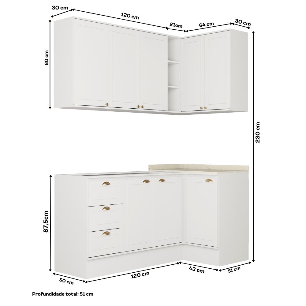 Armário de Cozinha Completa c Balcão Milla Whisper Carraro Branco