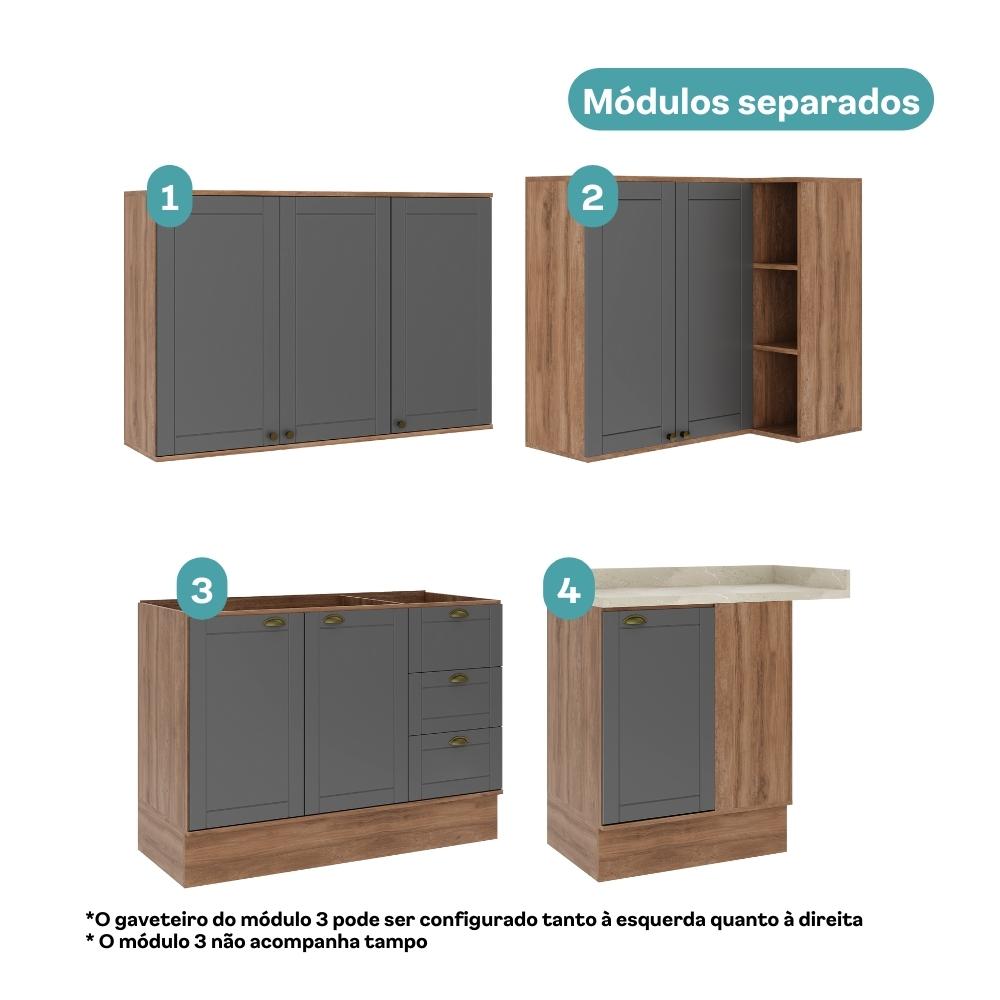 Armário de Cozinha Completa c Balcão Milla Whisper Carraro Nogal Cinza Titânio