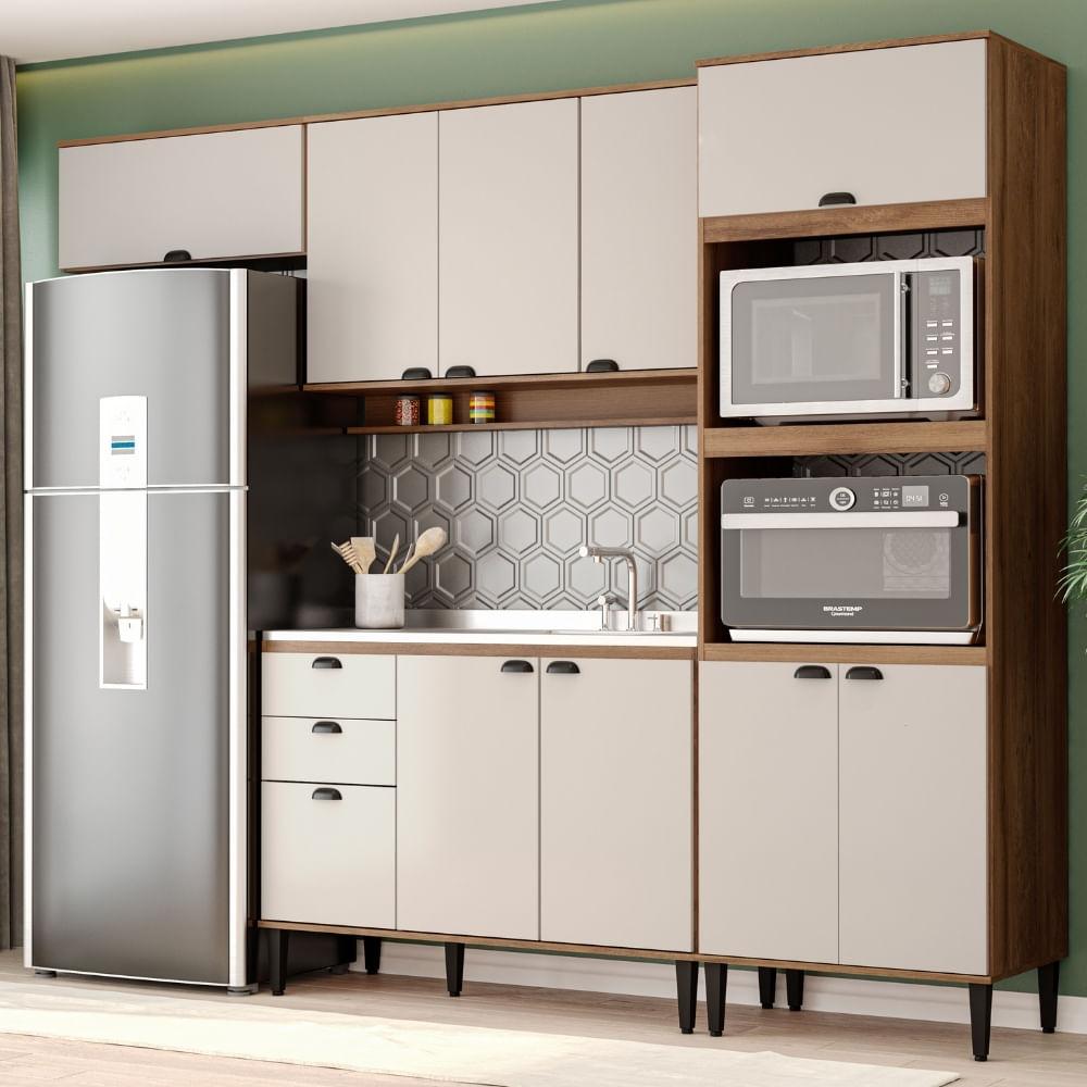 Armário de Cozinha Completa c/ Balcão Lótus Box Carraro Freijó com Off White