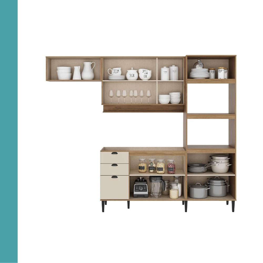 Armário de Cozinha Completa c/ Balcão Lótus Box Carraro Freijó com Off White