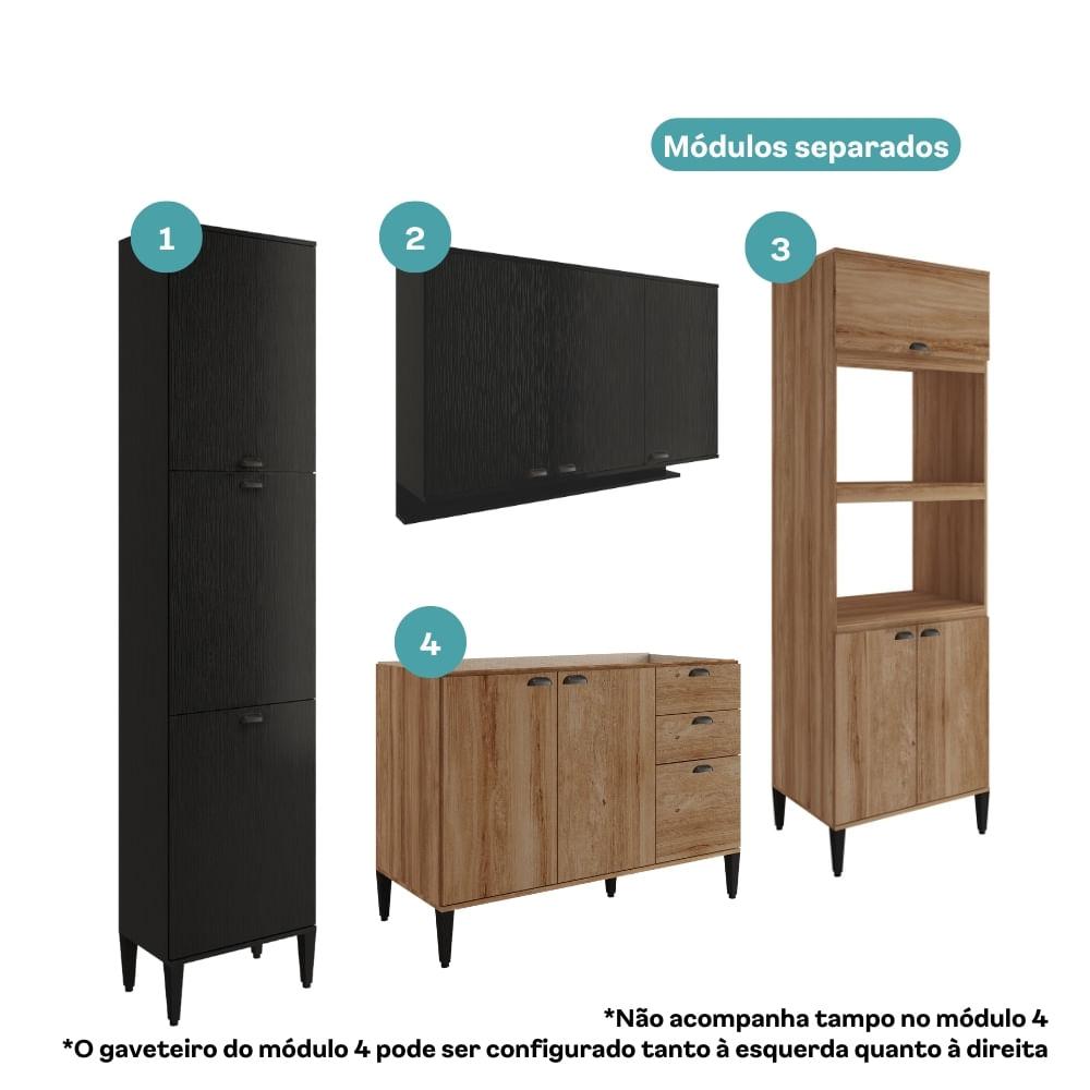 Armário de Cozinha Completa c/ Balcão Lótus Energy Carraro Freijó com Preto Touch