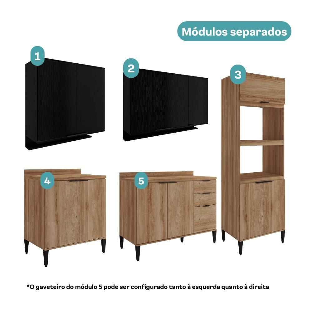 Armário de Cozinha Completa c/ Tampo Lótus Star Carraro Freijó Preto Touch