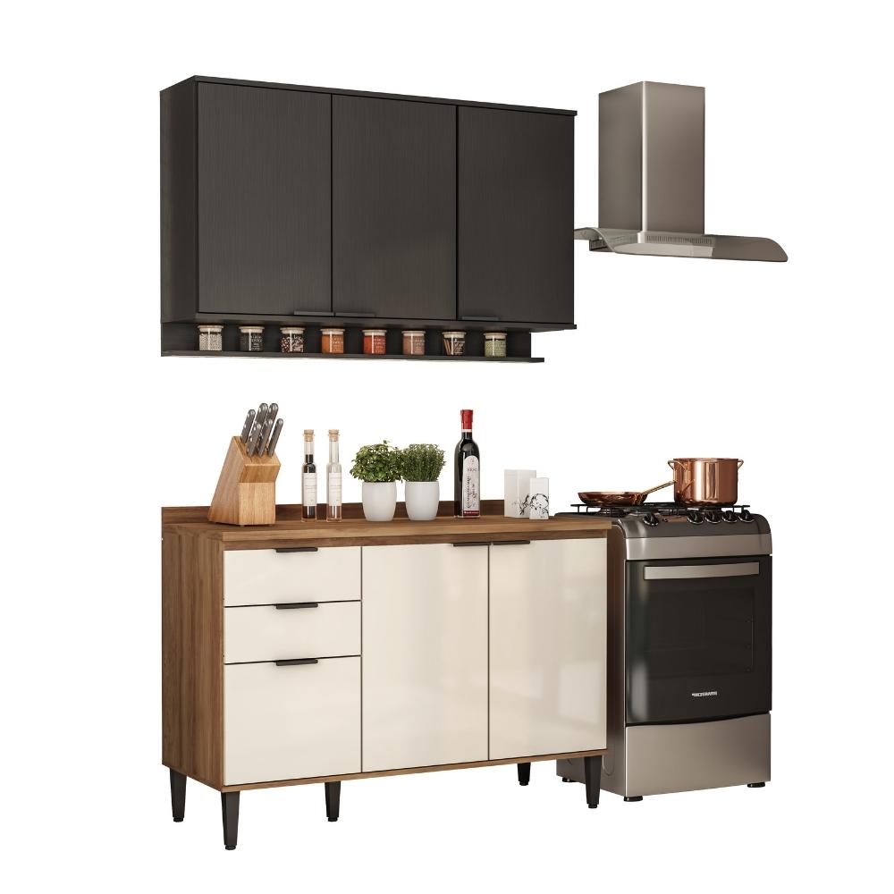 Armário de Cozinha Completa c/ Tampo Lótus Tiny Carraro Freijó Off White Preto Touch