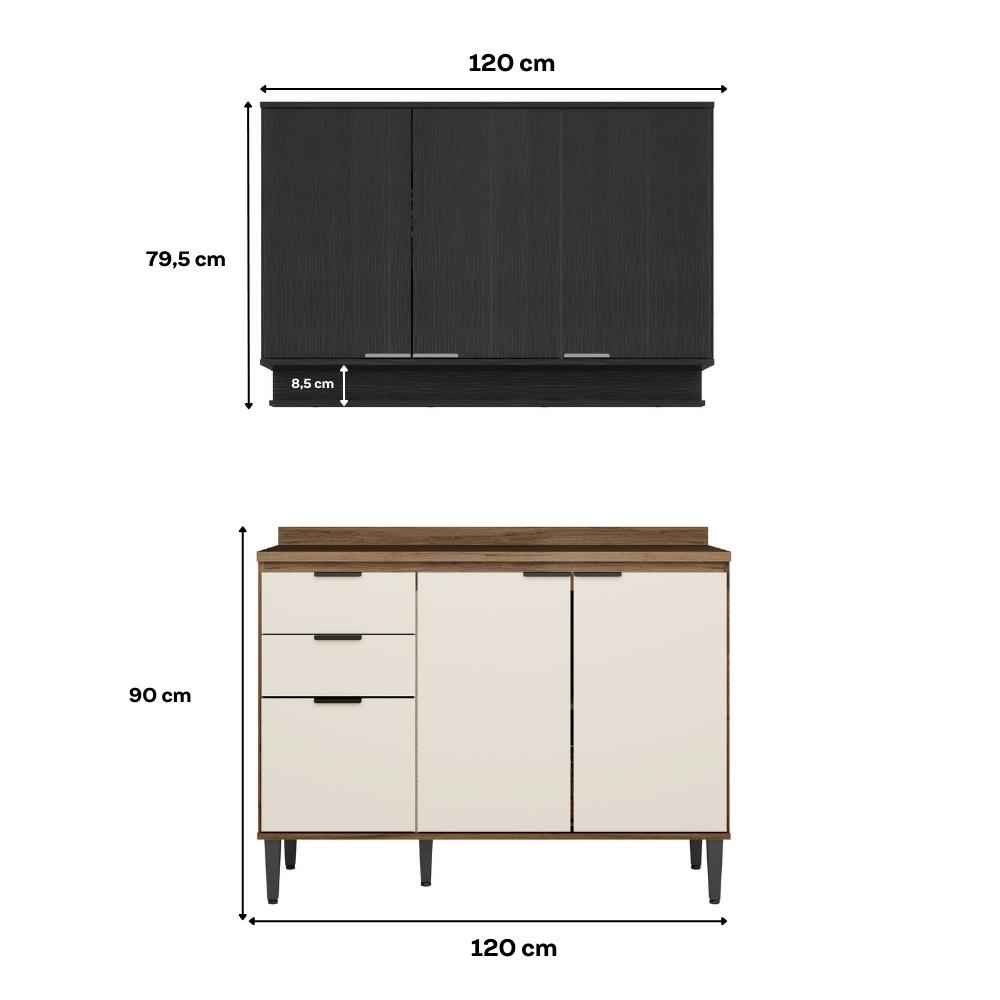 Armário de Cozinha Completa c/ Tampo Lótus Tiny Carraro Freijó Off White Preto Touch