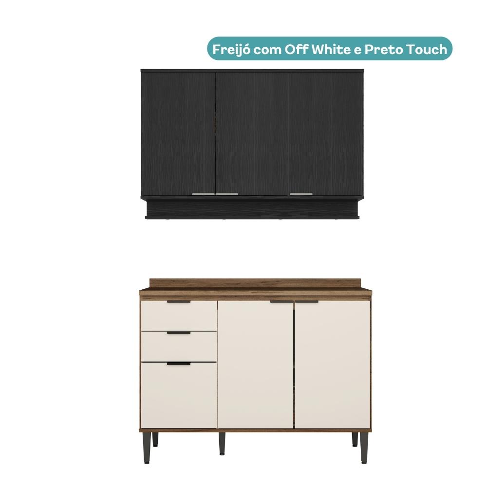 Armário de Cozinha Completa c/ Tampo Lótus Tiny Carraro Freijó Off White Preto Touch