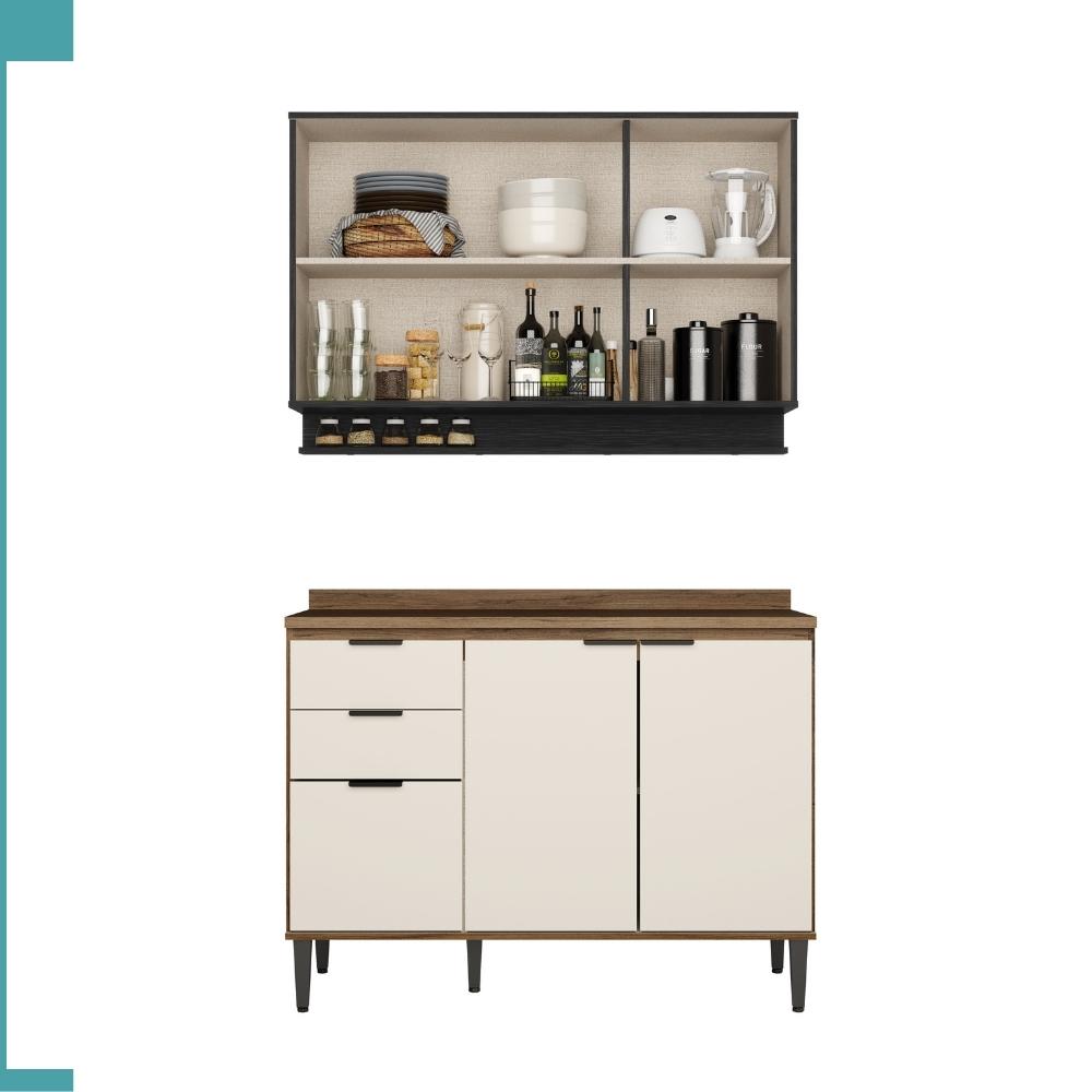 Armário de Cozinha Completa c/ Tampo Lótus Tiny Carraro Freijó Off White Preto Touch