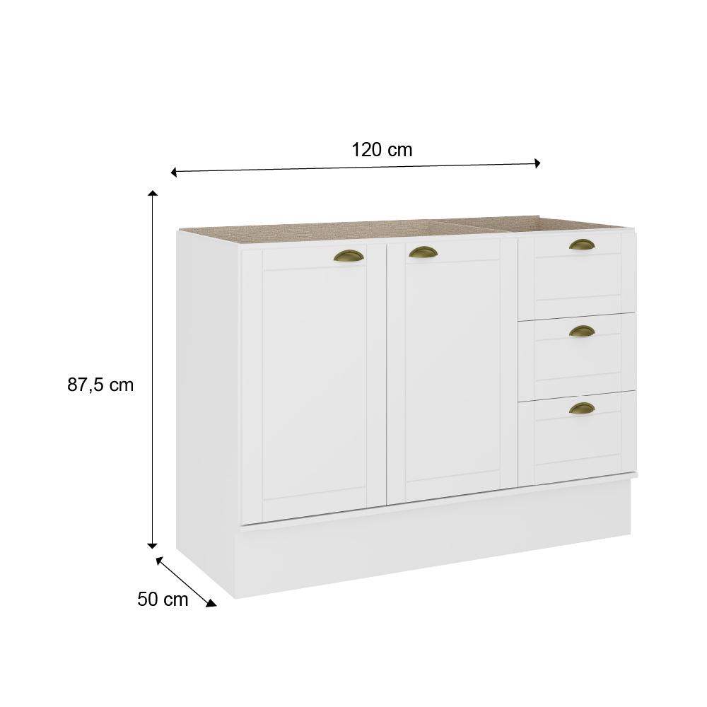 Balcão Gabinete De Pia MDF Milla 2 Portas 3 Gavetas Branco 120cm Carraro