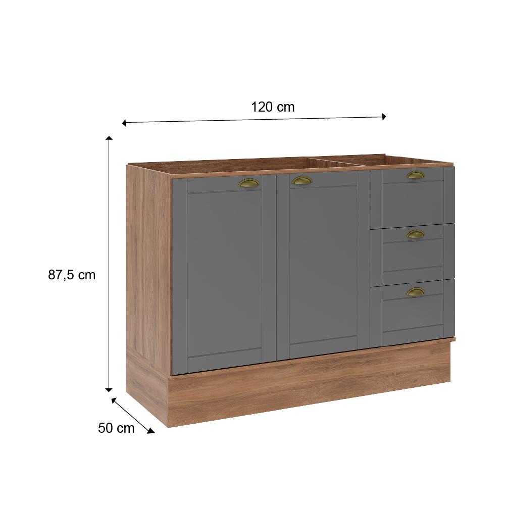 Balcão Gabinete De Pia Milla 2 Portas 3 Gavetas Nog/Cinza 120cm Carraro