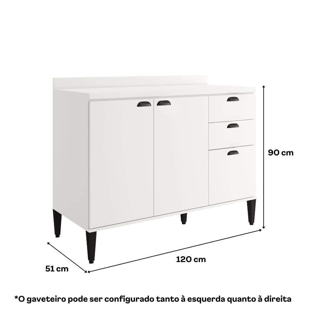 Balcão de Cozinha 1200mm 2 Portas 3 Gavetas Com Tampo Lótus Carraro Branco