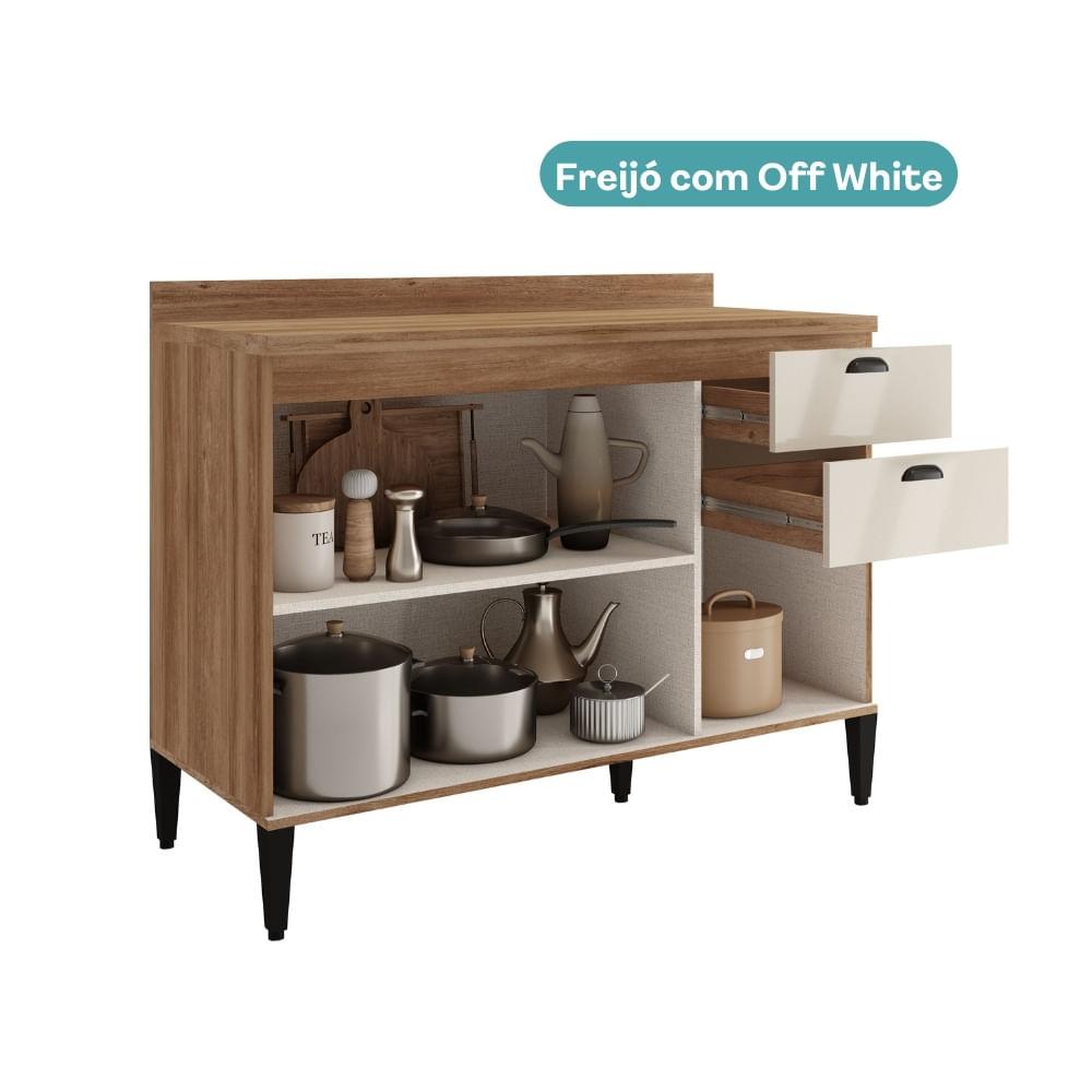 Balcão de Cozinha 1200mm 2 Portas 3 Gavetas Com Tampo Lótus Carraro Freijó com Off White