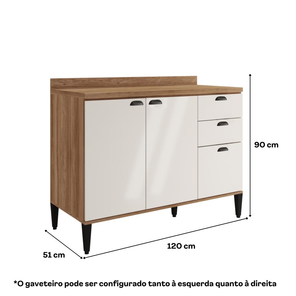 Balcão de Cozinha 1200mm 2 Portas 3 Gavetas Com Tampo Lótus Carraro Freijó com Off White