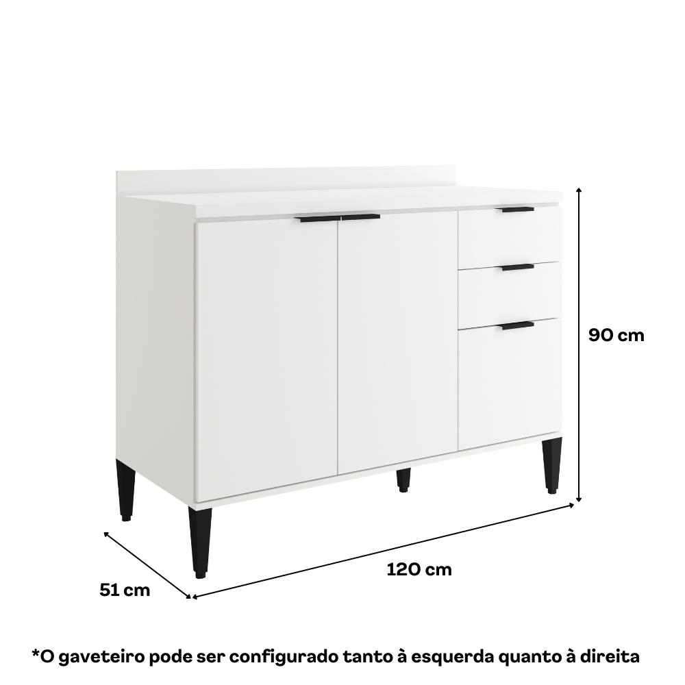 Balcão de Cozinha Miami 1200mm 2 Portas 3 Gavetas Com Tampo Carraro Branco