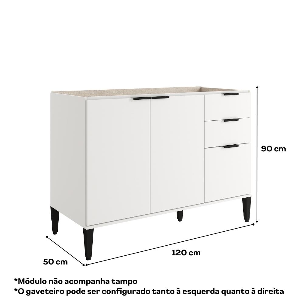 Balcão de Cozinha Miami 1200mm 2 Portas 3 Gavetas Sem Tampo Carraro Branco