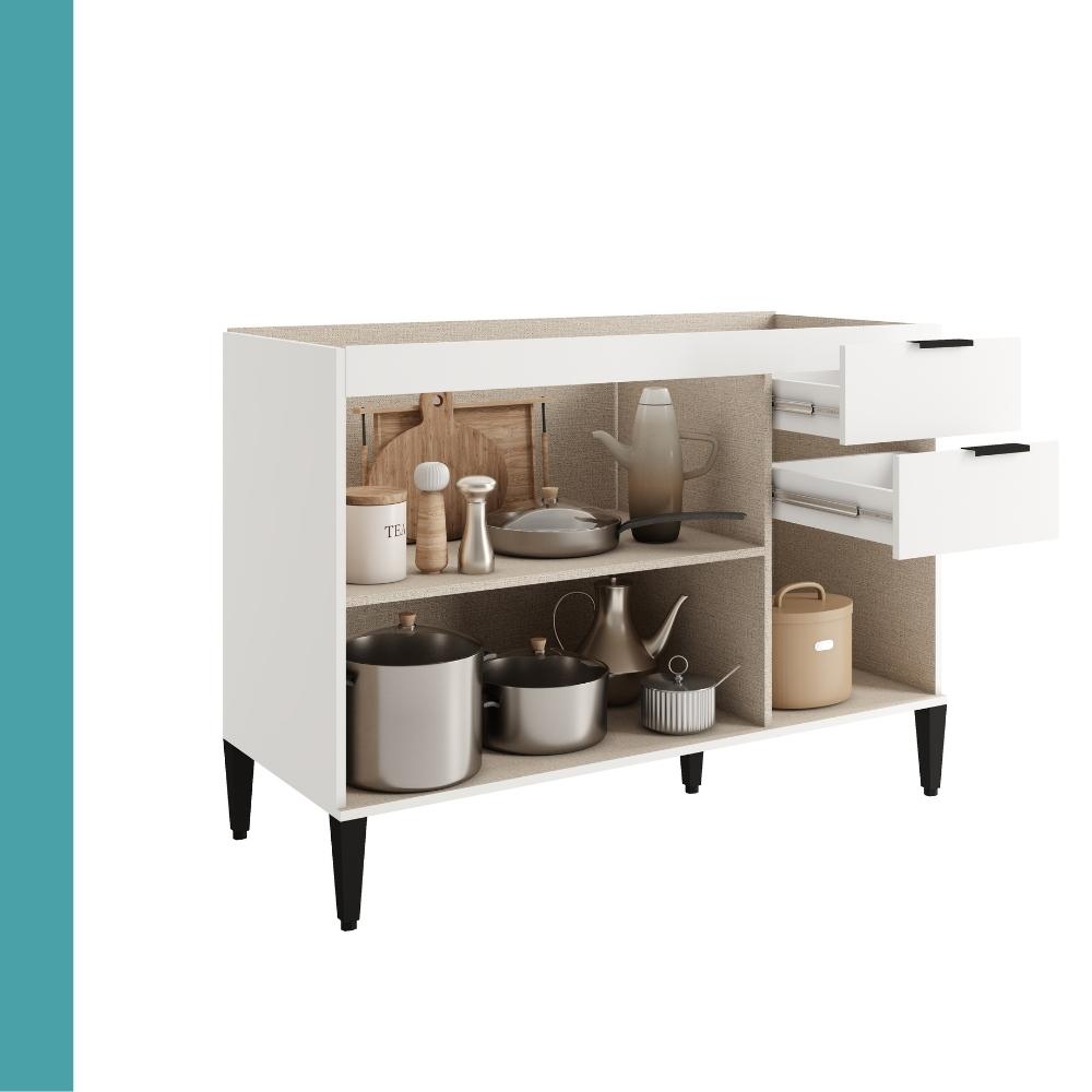 Balcão de Cozinha Miami 1200mm 2 Portas 3 Gavetas Sem Tampo Carraro Branco