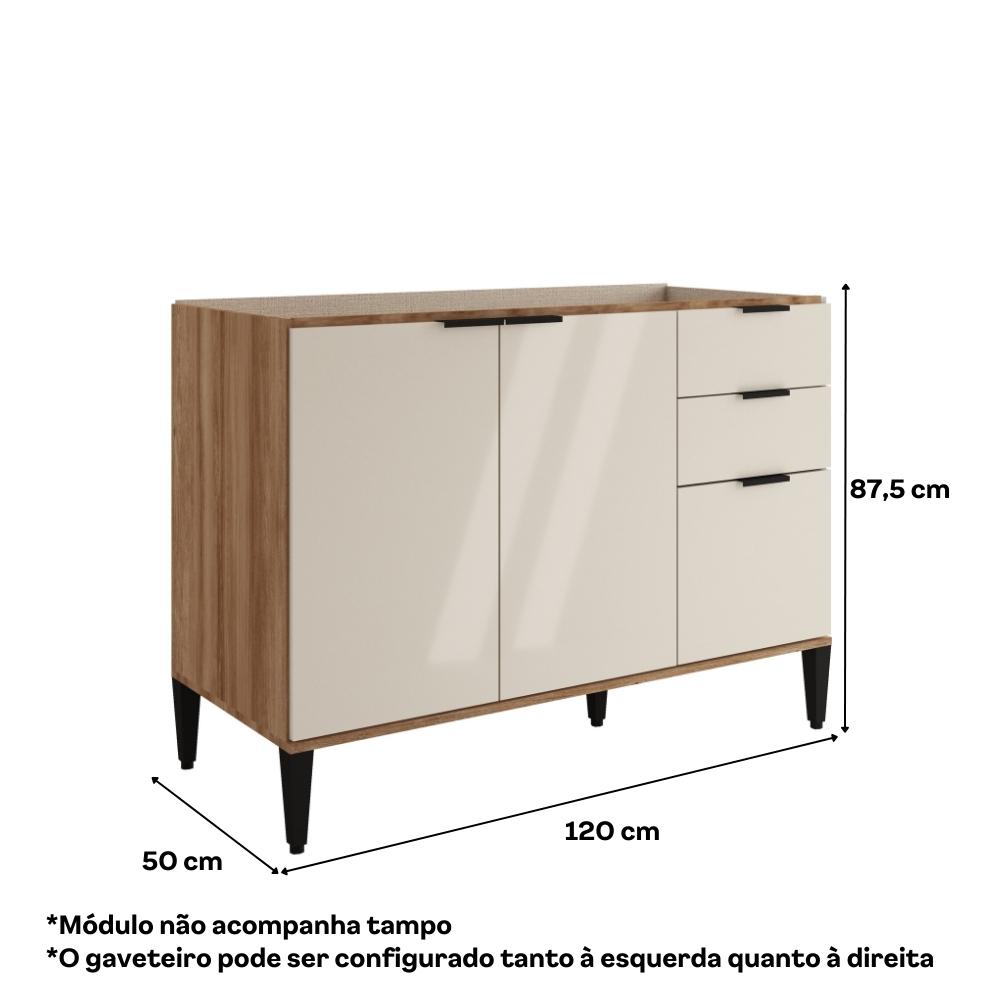 Balcão de Cozinha Miami 1200mm 2 Portas 3 Gavetas Sem Tampo Carraro Freijó com Off White