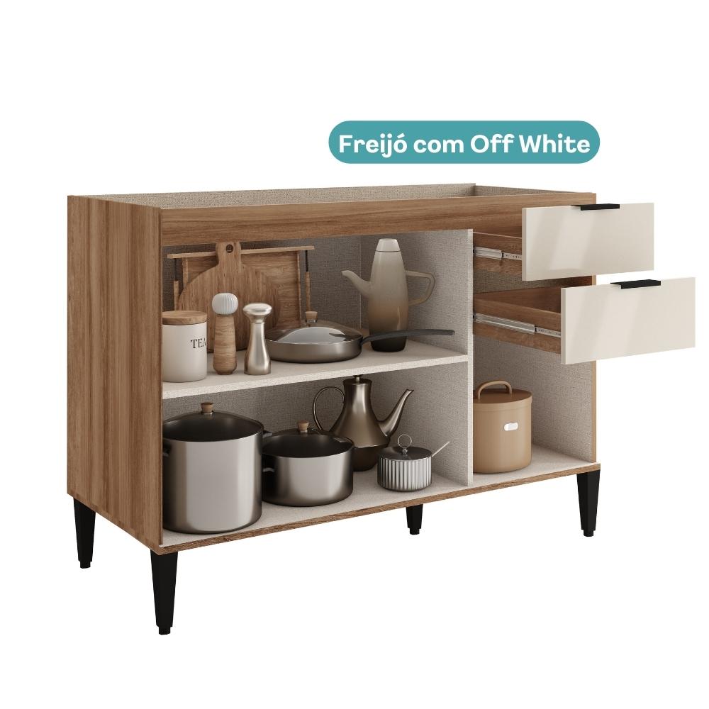 Balcão de Cozinha Miami 1200mm 2 Portas 3 Gavetas Sem Tampo Carraro Freijó com Off White