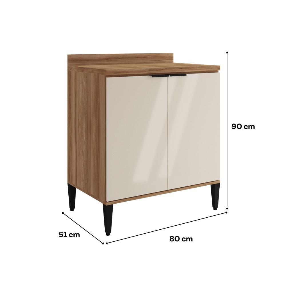 Balcão de Cozinha Miami 800mm 2 Portas Com Tampo Carraro Freijó com Off White