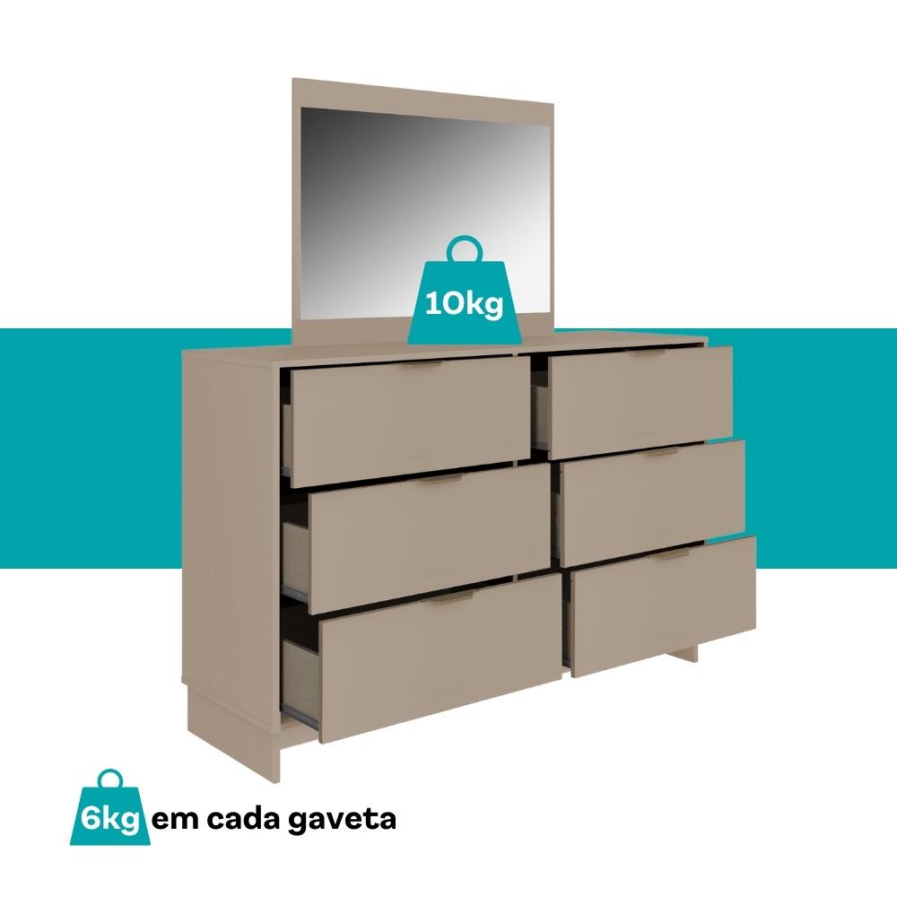 Cômoda 6 Gavetas com Espelho Quarto 1160 Carraro Avelã