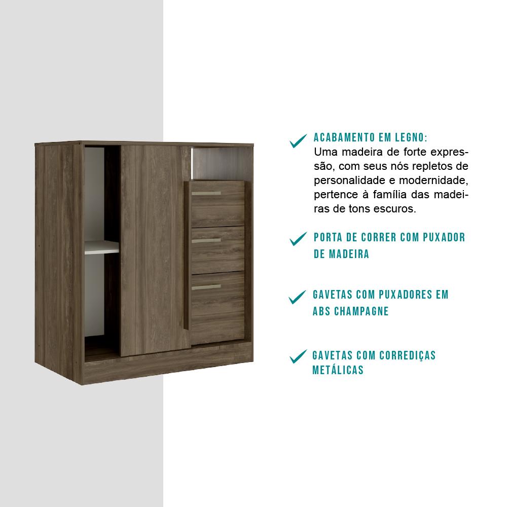 Cômoda Flauta 3 Gavetas Porta de Correr Madeirado
