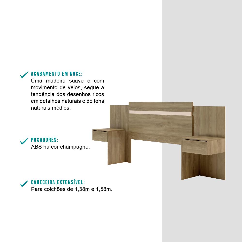 Cabeceira Casal Extensível e Mesa Lateral 1114 Carraro - Noce