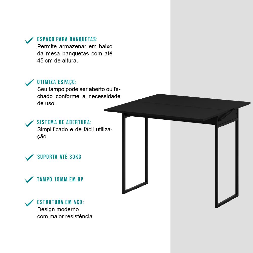 Conjunto Mesa Dobrável com 2 Banquetas Preto Carraro