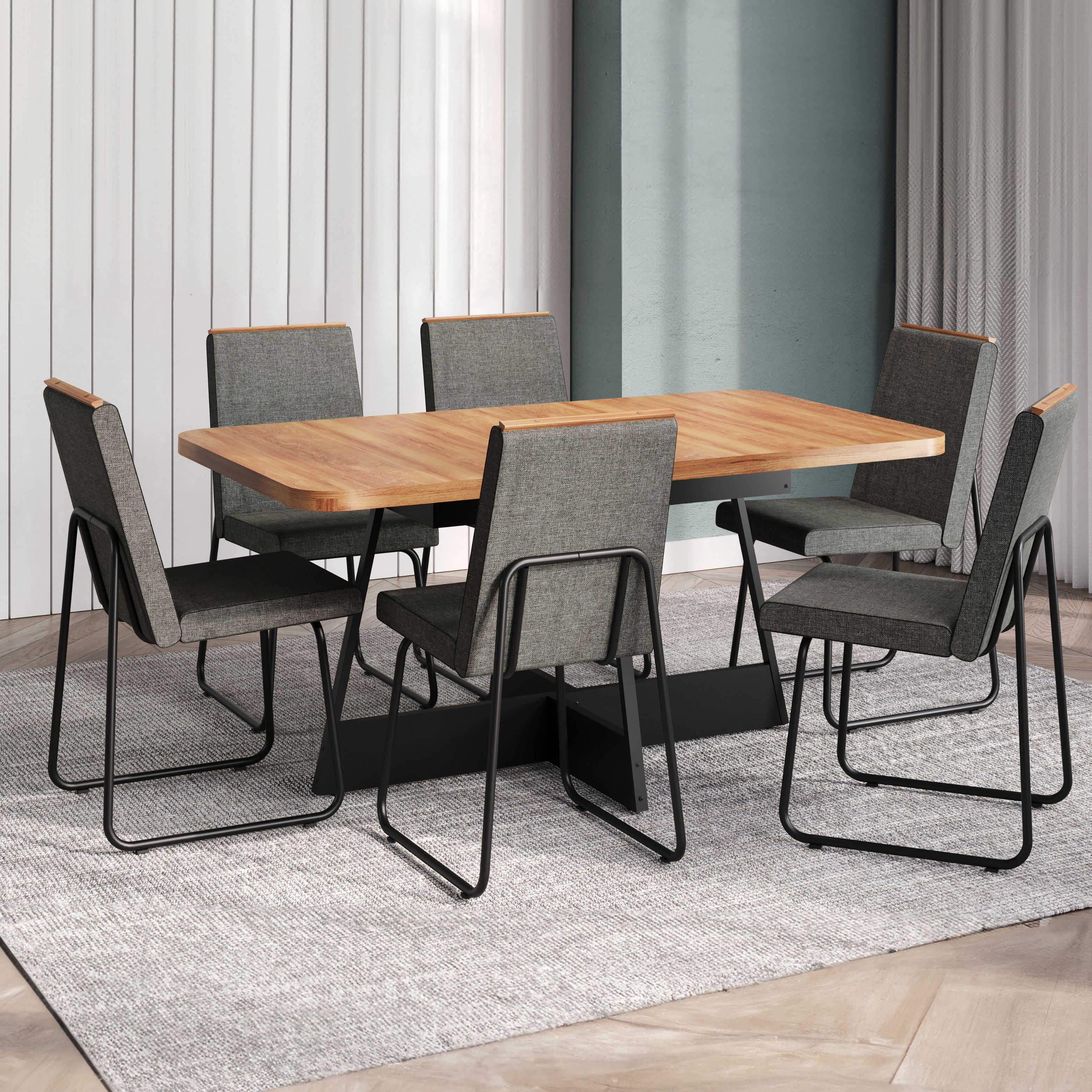 Conjunto Sala de Jantar 6 Cadeiras Arezzo Carraro Nogal e Preto