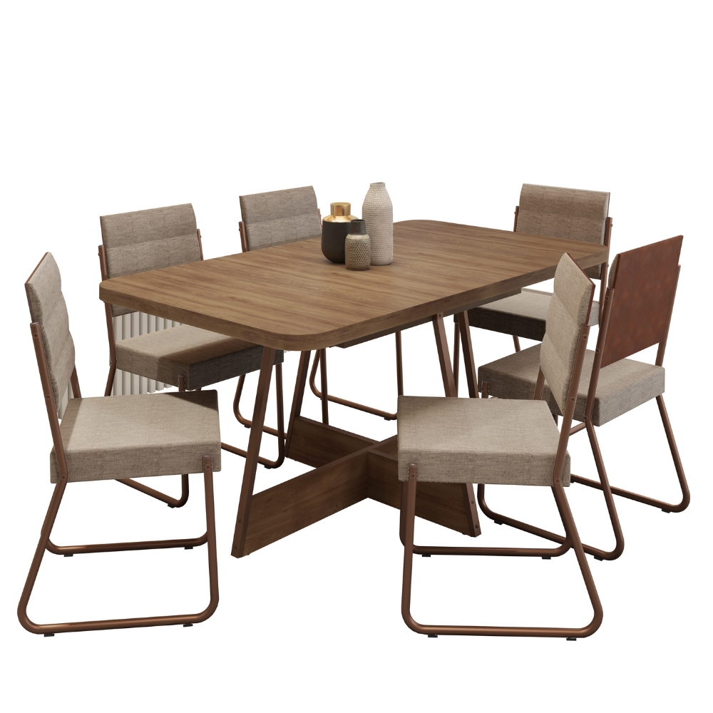 Conjunto Sala de Jantar 6 Cadeiras Charlotte Carraro Nogal com Rose