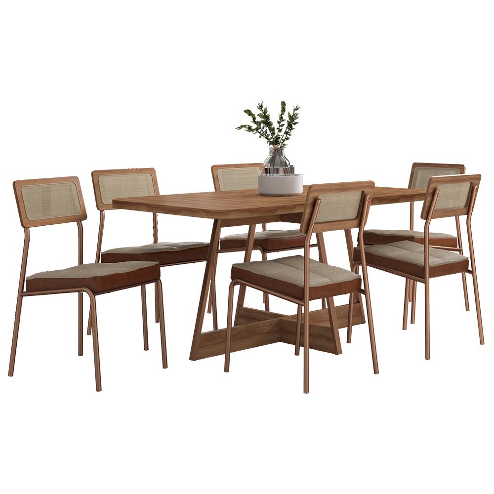 Conjunto Sala de Jantar Filadélfia 6 Cadeiras Carraro Areia/Rose/Nogal