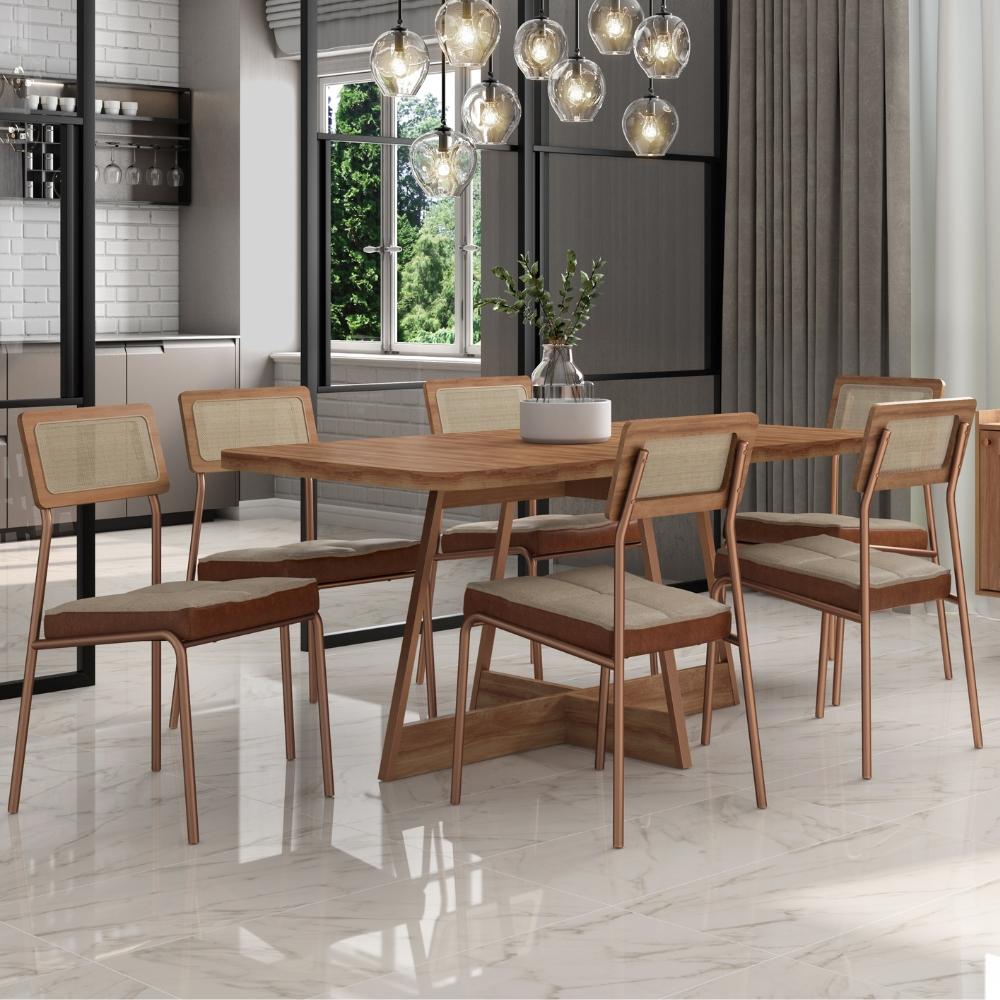 Conjunto Sala de Jantar Filadélfia 6 Cadeiras Carraro Areia/Rose/Nogal