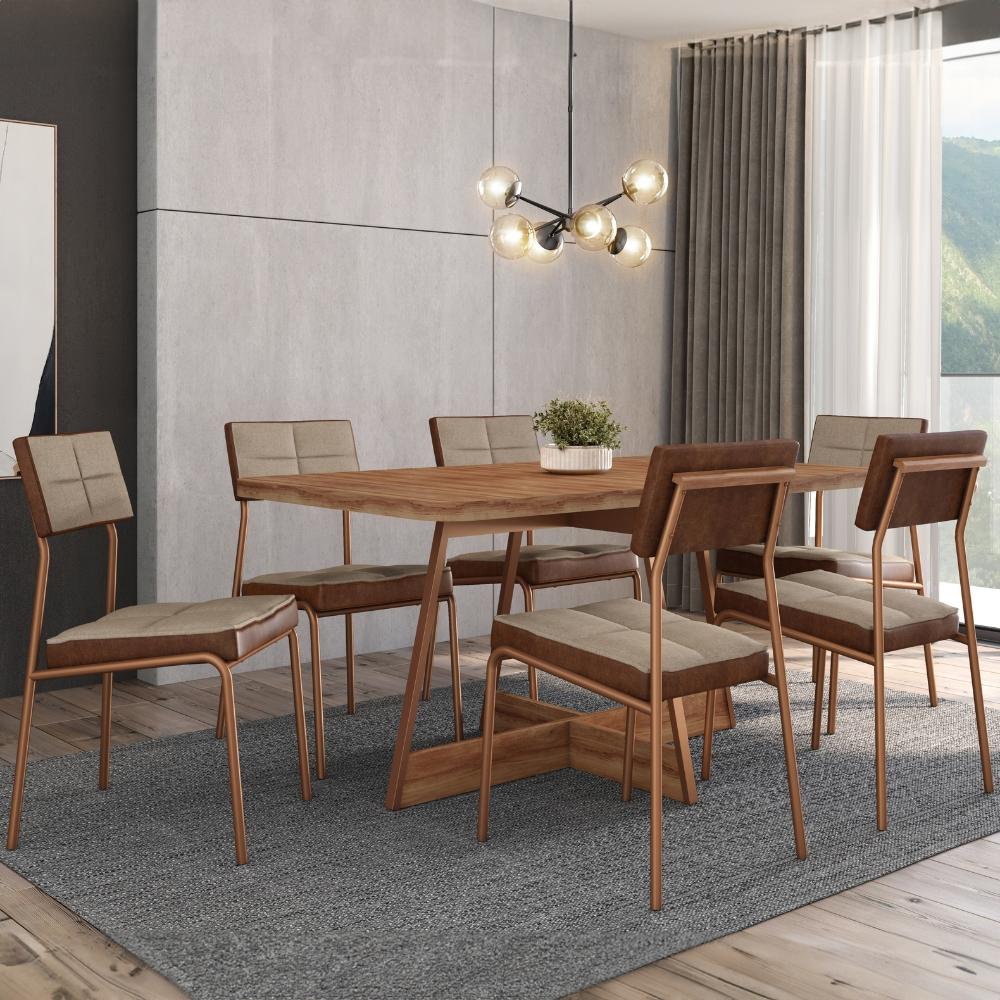 Conjunto Sala de Jantar Loanda 6 Cadeiras Carraro Areia/Rose/Nogal
